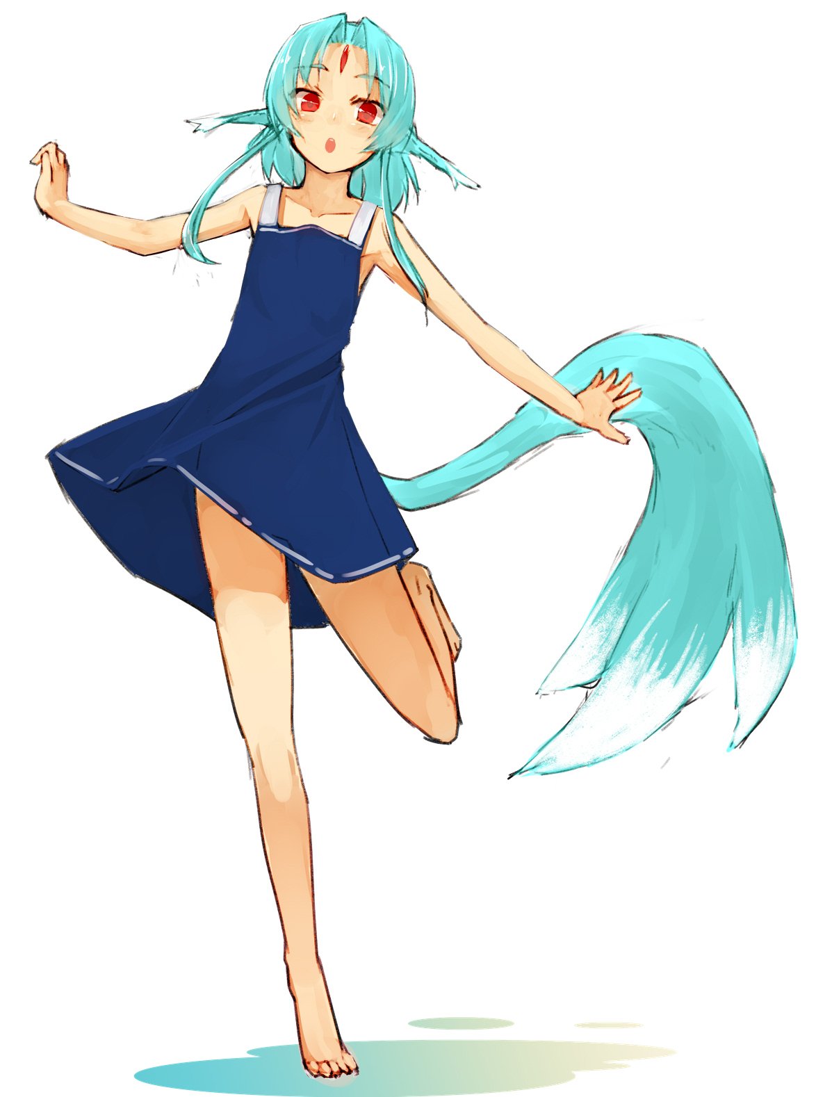 1girl, :o, animal_ears, bare_arms, bare_legs, bare_shoulders, barefoot, blue_dress