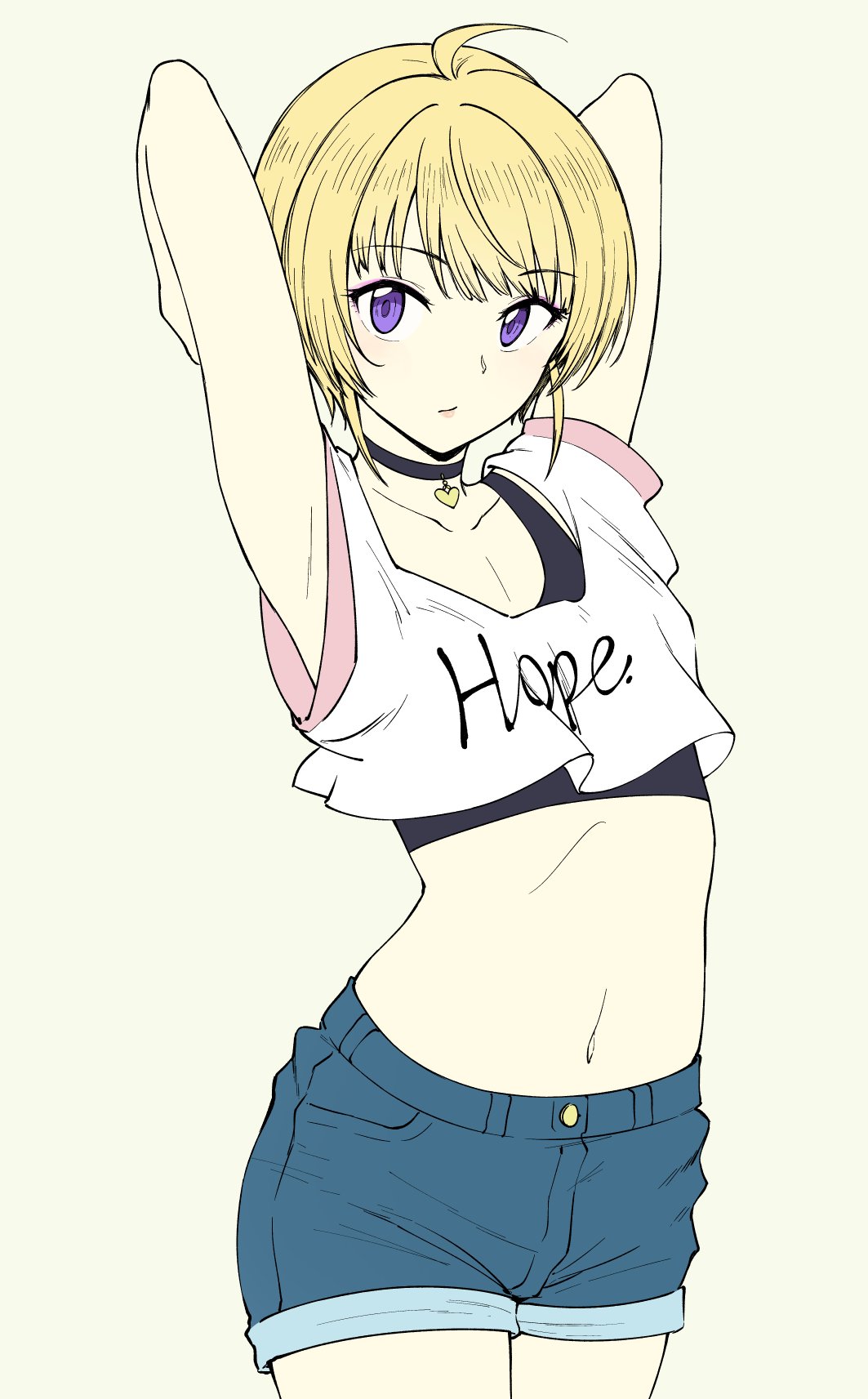 1boy, ahoge, armpits, arms_behind_head, arms_up, artist_request, bangs, black_choker, blonde_hair, blue_shorts, buttons, closed_mouth, clothes_writing, collarbone, cowboy_shot, cropped_legs, denim, denim_shorts, expressionless, eyebrows_visible_through_hair, heart, heart_choker, highres, idolmaster, idolmaster_side-m, jewelry, looking_at_viewer, male_focus, midriff, navel, pendant, pierre_(idolmaster), short_hair, shorts, simple_background, sleeveless, smile, standing, stomach, thighs, trap, violet_eyes, yellow_background