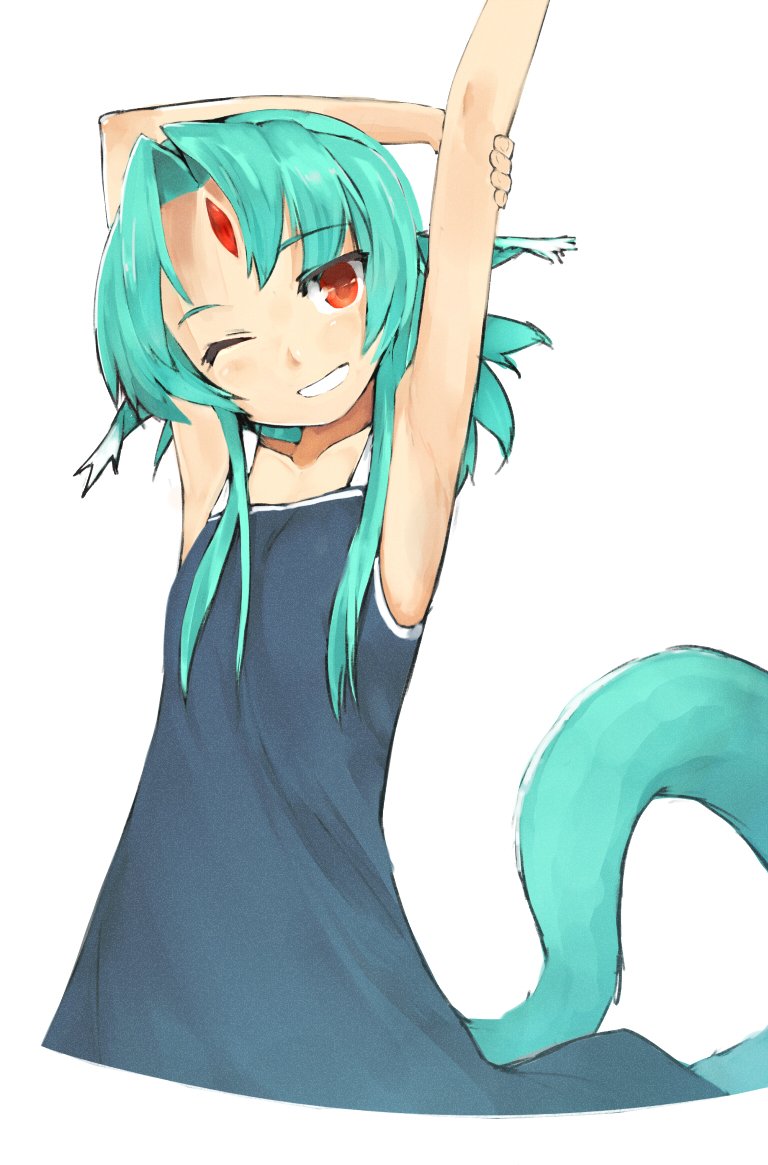 1girl, :d, armpits, bare_arms, bare_shoulders, blue_dress, blue_hair, carbuncle_(final_fantasy)