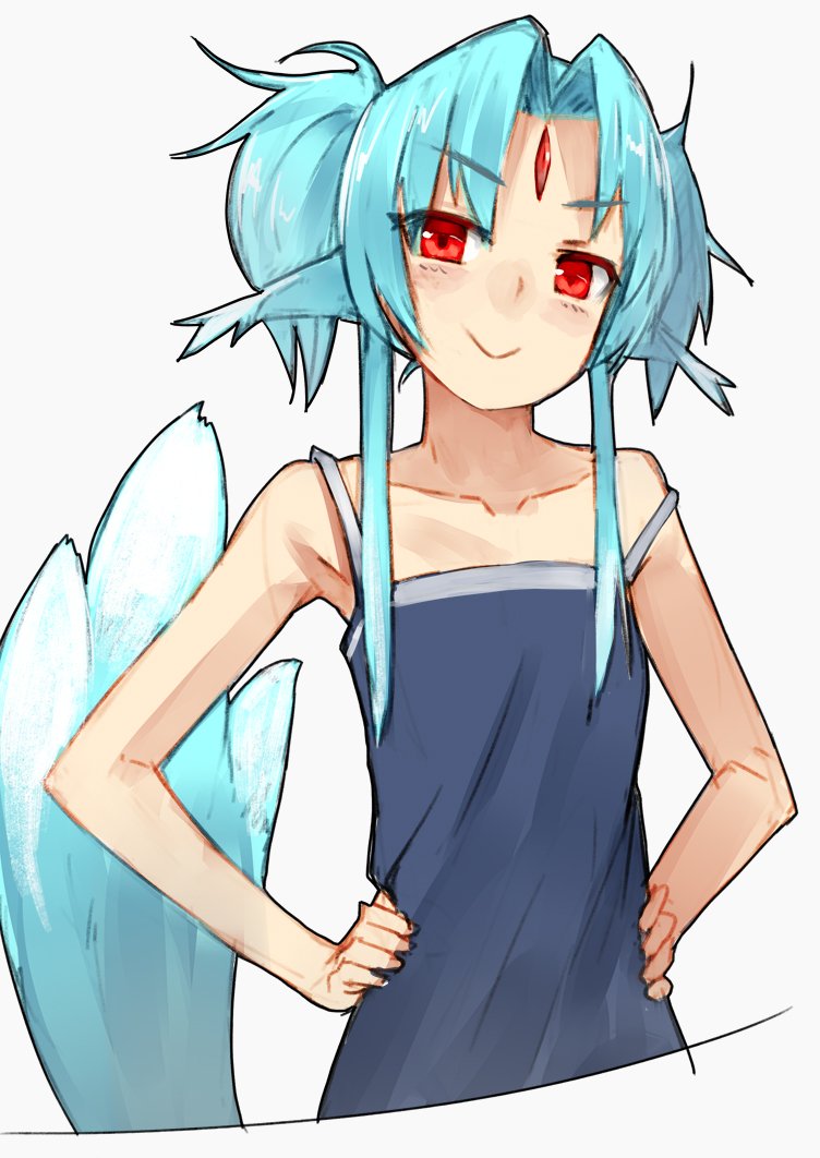1girl, alternate_hairstyle, bare_arms, bare_shoulders, blue_hair, camisole, carbuncle_(final_fantasy), closed_mouth