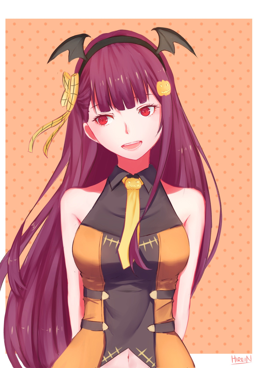1girl, alternate_costume, armpit_peek, arms_behind_back, artist_name, bangs, bare_shoulders, bat_hair_ornament