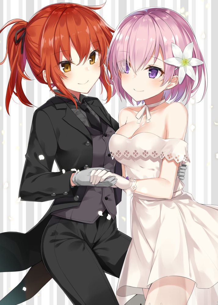 2girls, alternate_costume, bangs, bare_shoulders, black_jacket, black_neckwear, black_pants, black_ribbon
