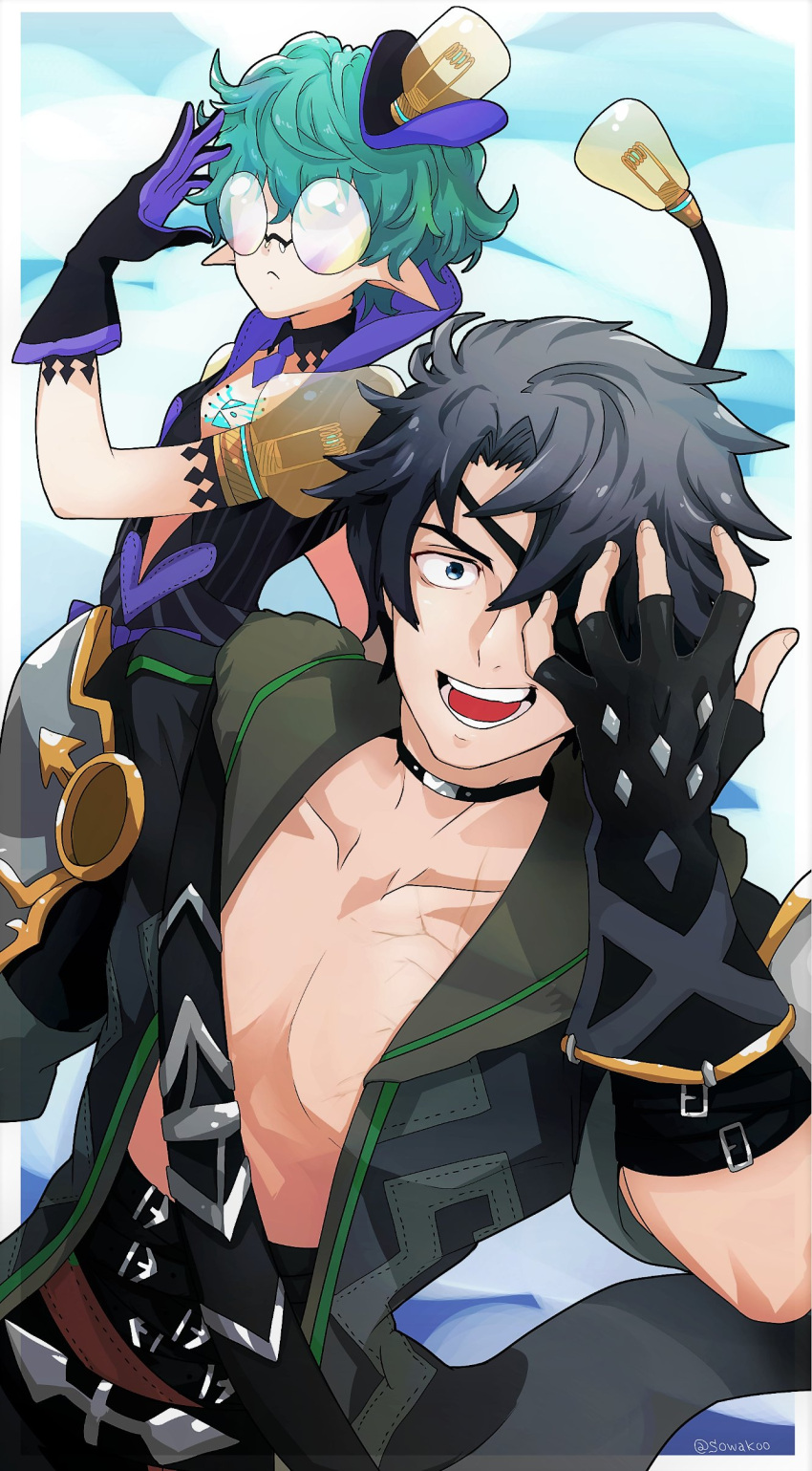 1boy, 1girl, absurdres, armor, cape, curly_hair, eyepatch, fingerless_gloves