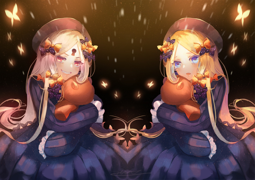 2girls, abigail_williams_(fate/grand_order), akira_aishi, bangs, black_bow, black_dress, black_hat, blonde_hair
