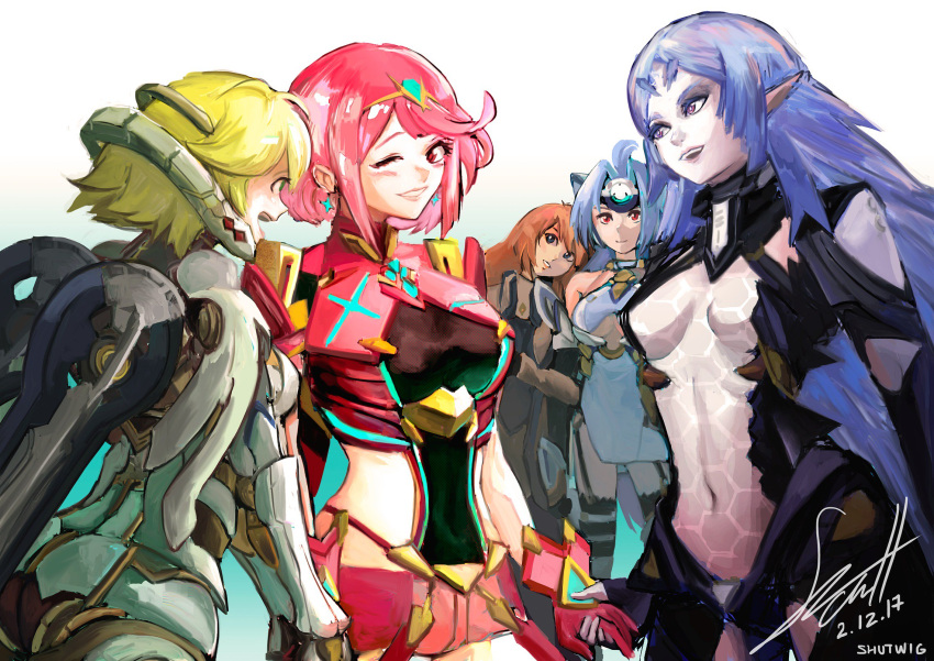 5girls, android, artist_request, blonde_hair, blue_eyes, blue_hair, breasts, brown_hair, cyborg, earrings, elbow_gloves, elhaym_van_houten, elma_(xenoblade_x), fingerless_gloves, fiorun, forehead_protector, gloves, green_eyes, hair_ornament, highres, pyra_(xenoblade), jewelry, kos-mos, large_breasts, long_hair, multiple_girls, open_mouth, orange_hair, pantyhose, red_eyes, redhead, short_hair, shorts, sidelocks, simple_background, smile, spoilers, tiara, uniform, very_long_hair, violet_eyes, xeno_(series), xenoblade_(series), xenoblade_1, xenoblade_2, xenoblade_chronicles_x, xenogears, xenosaga
