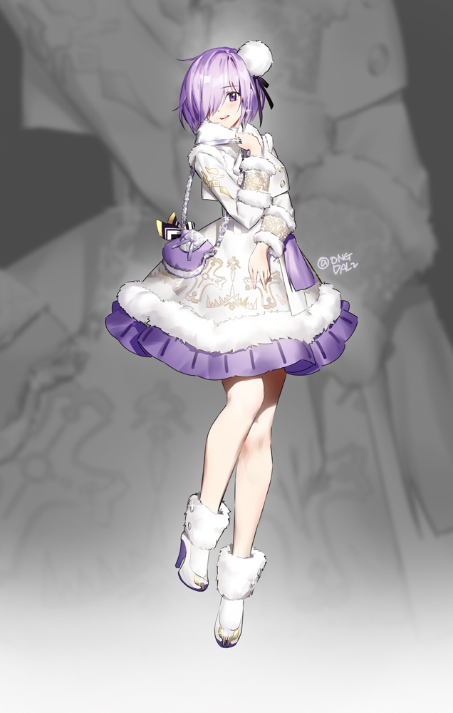 1girl, alternate_costume, bag, coat, dress, fate/grand_order, fate_(series), fur_trim, handbag, high_heels, mash_kyrielight, ongdal2, purple_hair, short_hair, violet_eyes, white_coat