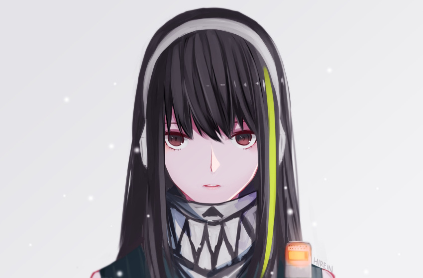 1girl, artist_name, black_eyes, black_hair, expressionless, girls_frontline, glowing, grey_background