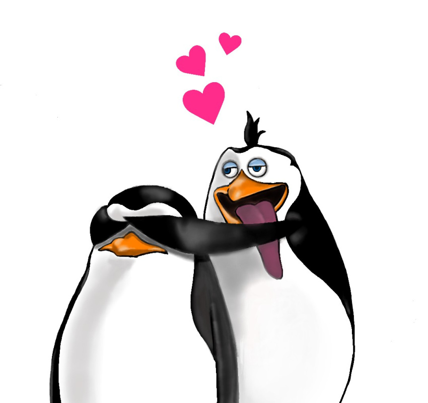 2boys, ahoge, bird, blue_eyes, dreamworks, hahako, heart, madagascar, madagascar_(movie), no_humans, penguin, pixiv, private_(madagascar), rico_(madagascar), the_penguins_of_madagascar, tongue, white_background