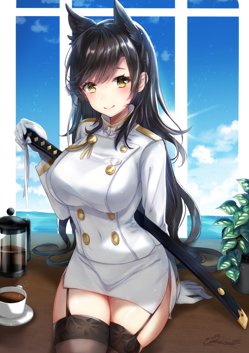 1girl, animal_ears, arm_support, atago_(azur_lane), azur_lane, black_hair, black_legwear, breasts, coffee, coffee_cup, coffee_press, cokecoco, commentary, garter_straps, gloves, hair_ribbon, highres, large_breasts, long_hair, looking_at_viewer, military, military_uniform, miniskirt, mole, mole_under_eye, naval_uniform, pencil_skirt, ribbon, signature, sitting, skirt, smile, solo, sword, thigh-highs, uniform, weapon, white_gloves, yellow_eyes, zettai_ryouiki
