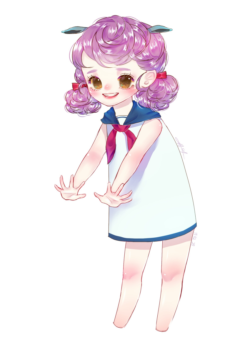 1girl, artist_name, blush, curly_hair, dated, doubutsu_no_mori, dress, highres, low_twintails, osai_(doubutsu_no_mori), personification, purple_hair, rhinoceros_ears, sailor_dress, solo, teeth, twintails, yellow_eyes