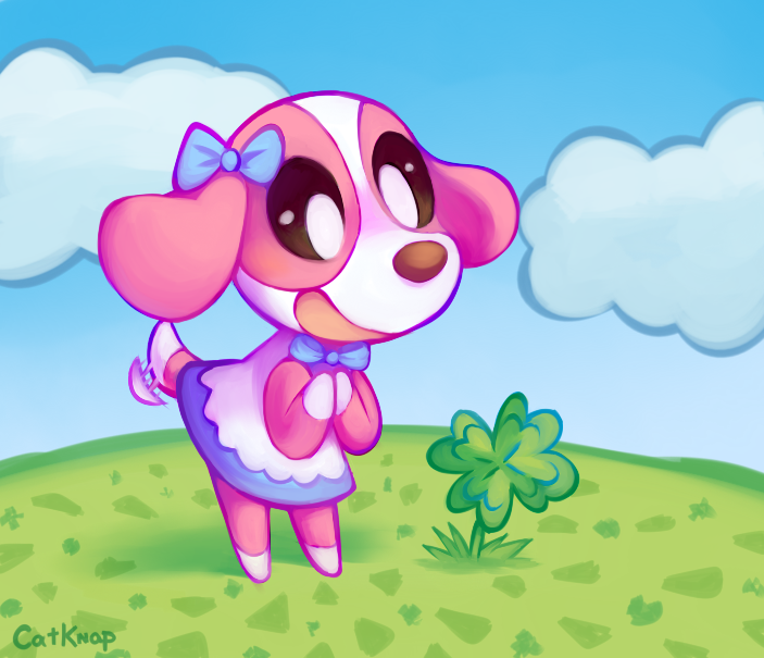 1girl, animal_crossing, animal_ears, artist_name, bow, bowtie, catknap, clover, cookie_(animal_crossing), dog, dog_ears, dog_girl, dog_tail, doubutsu_no_mori, dress, furry, grass, nintendo, no_humans, open_mouth, perine_(doubutsu_no_mori), sky, solo, tail