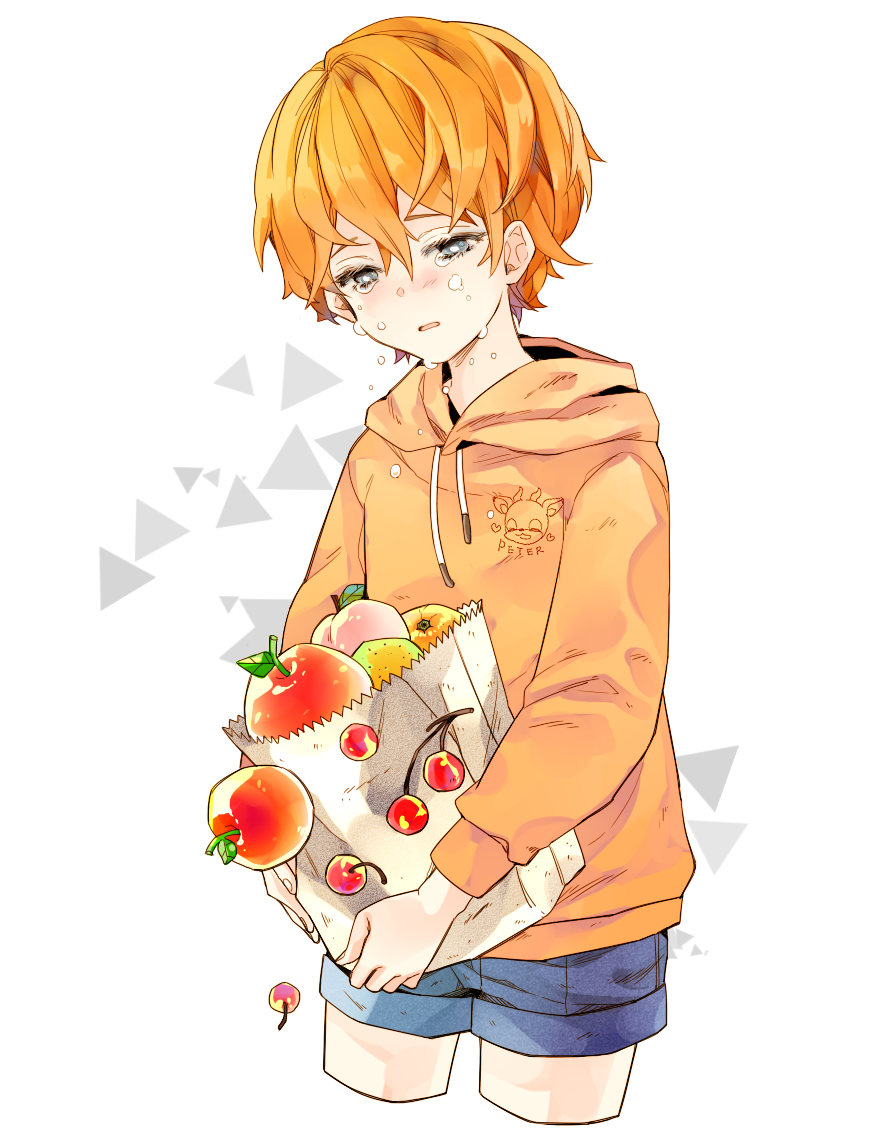 1boy, apple, bag, blush, character_name, crying, dodam_v, doubutsu_no_mori, food, fruit, heart, leaf, male_focus, open_mouth, orange, orange_hair, paper_bag, peach, personification, peter_(doubutsu_no_mori), simple_background, solo, upper_body, white_background