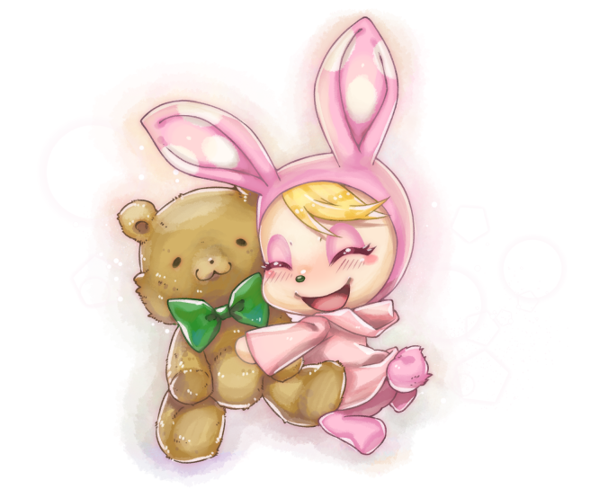 1girl, animal_ears, blonde_hair, blush, bow, bowtie, bunny_tail, christine_(doubutsu_no_mori), closed_eyes, doubutsu_no_mori, furry, hug, makeup, open_mouth, rabbit_ears, simple_background, solo, stuffed_animal, stuffed_toy, tail, teddy_bear, tsutsuji_(hello_x_2), white_background