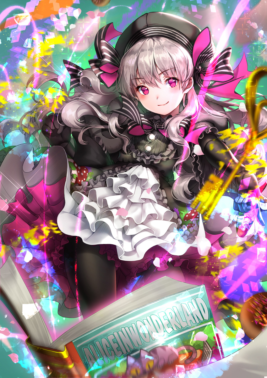 1girl, absurdres, alice_in_wonderland, bangs, black_capelet, black_dress, black_gloves, black_hat
