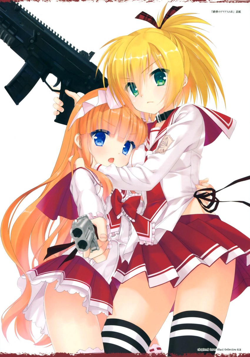 2girls, absurdres, assault_rifle, bangs, black_legwear, blonde_hair, blue_eyes, bow