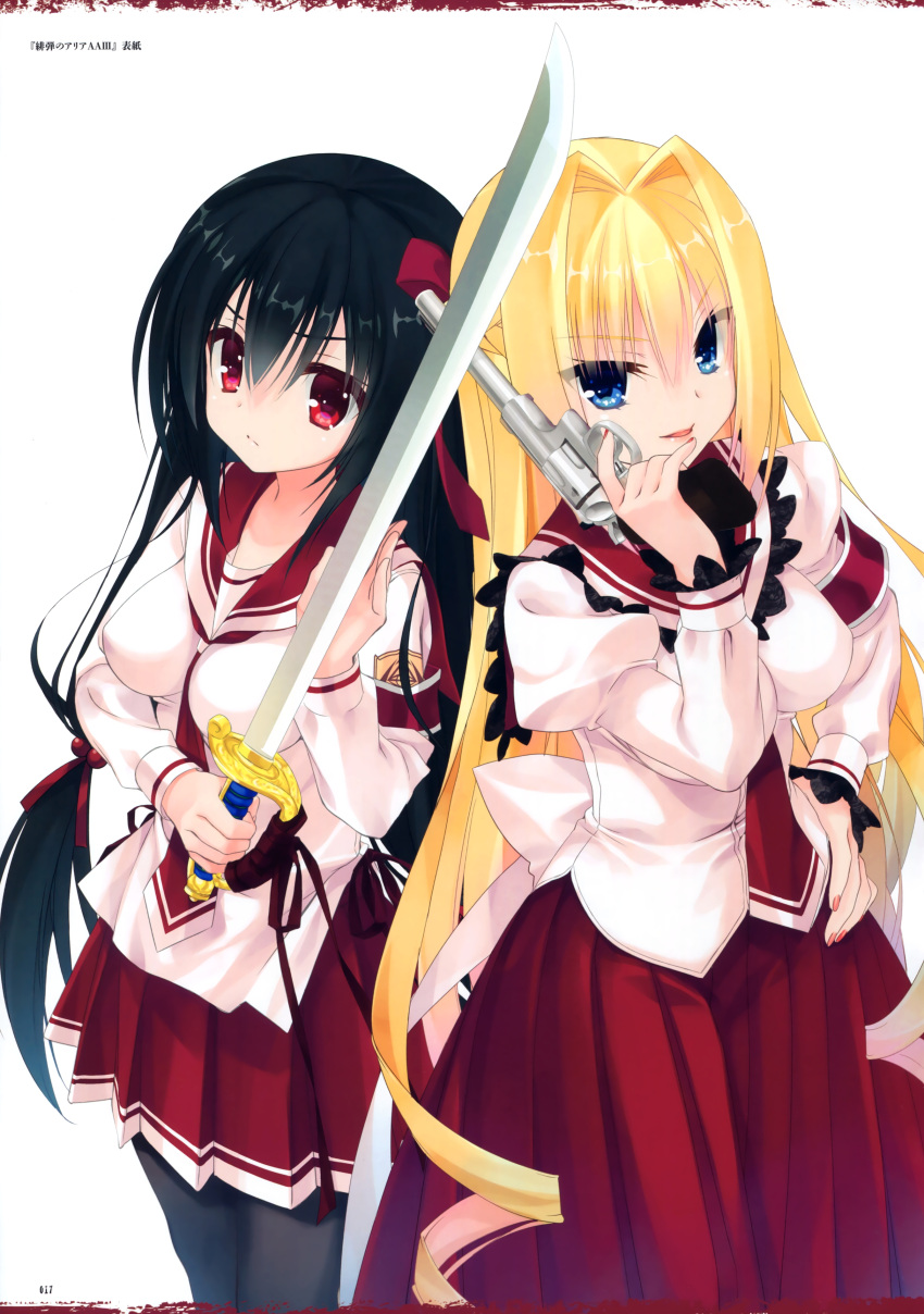 2girls, absurdres, bangs, black_hair, blonde_hair, blue_eyes, eyebrows_visible_through_hair, gun