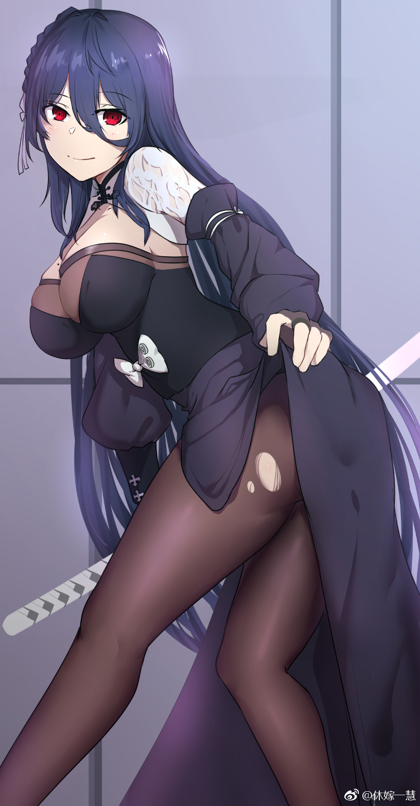 1girl, black_gloves, blue_hair, braid, breasts, brown_legwear, cleavage, closed_mouth