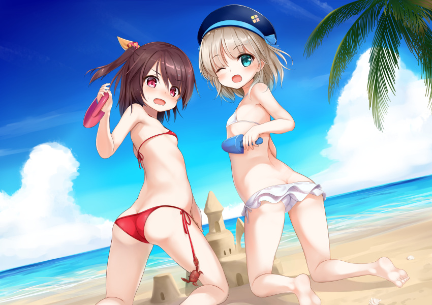 2girls, ;d, absurdres, aqua_eyes, ass, bad_source, beach, bikini