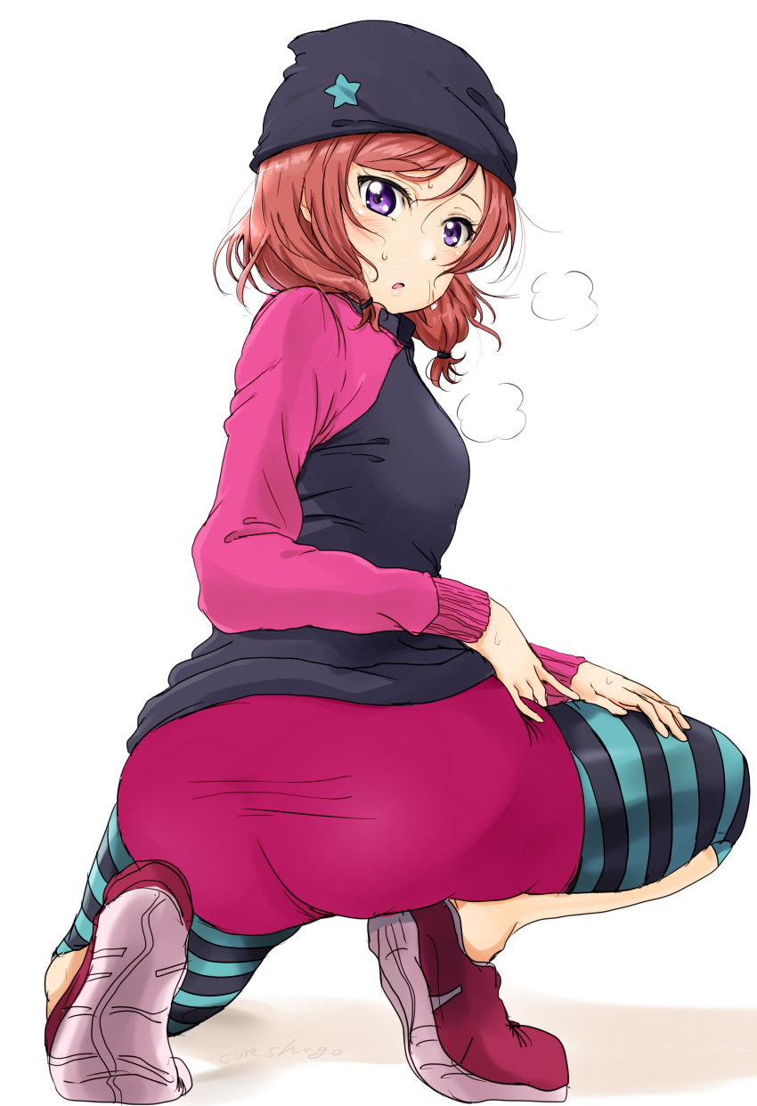 1girl, absurdres, ass, beanie, breath, hat, highres, hips, looking_back, love_live!, love_live!_school_idol_project, nishikino_maki, on_knee, redhead, shogo_(4274732), short_hair, solo, striped, striped_legwear, sweat, violet_eyes