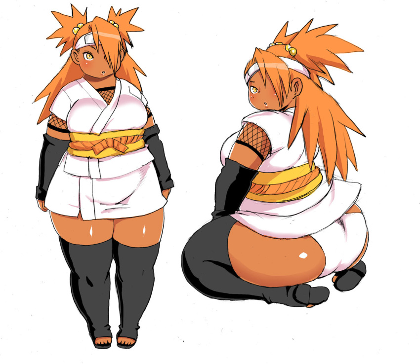1girl, akimichi_chouchou, ass, black_legwear, boruto:_naruto_next_generations, dark_skin, detached_sleeves, hair_over_one_eye, highres, kojima_video, looking_at_viewer, naruto, o3o, orange_hair, parted_lips, plump, simple_background, solo, spiky_hair, thick_thighs, thigh-highs, thighs, twintails
