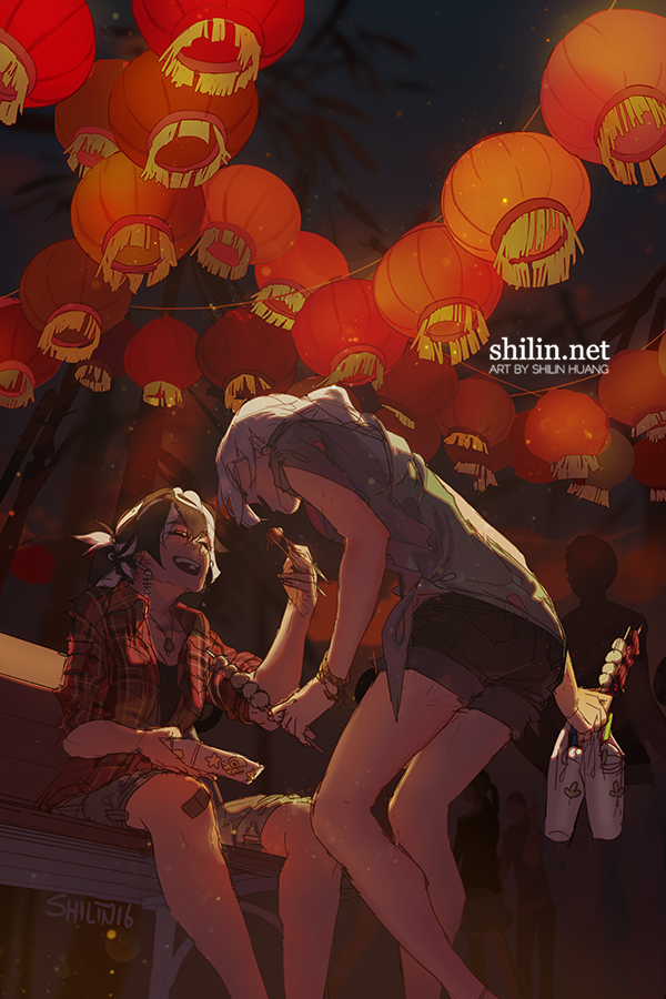 2girls, alternate_universe, artist_name, blackbird_(carciphona), carciphona, chopsticks, closed_eyes, drinking_straw