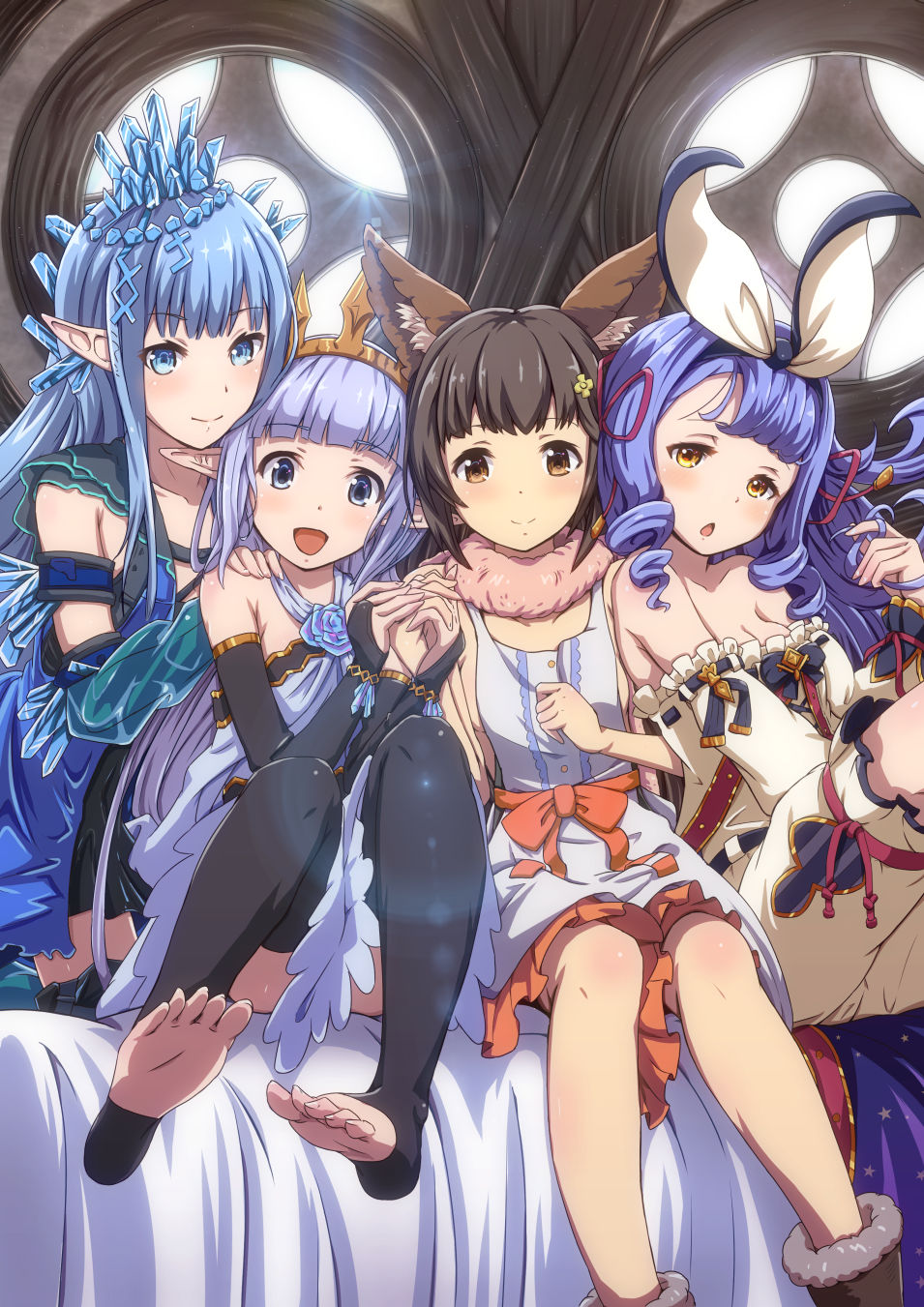 4girls, :d, animal_ears, aster_(granblue_fantasy), bangs, bare_shoulders, betor_(granblue_fantasy), black_legwear