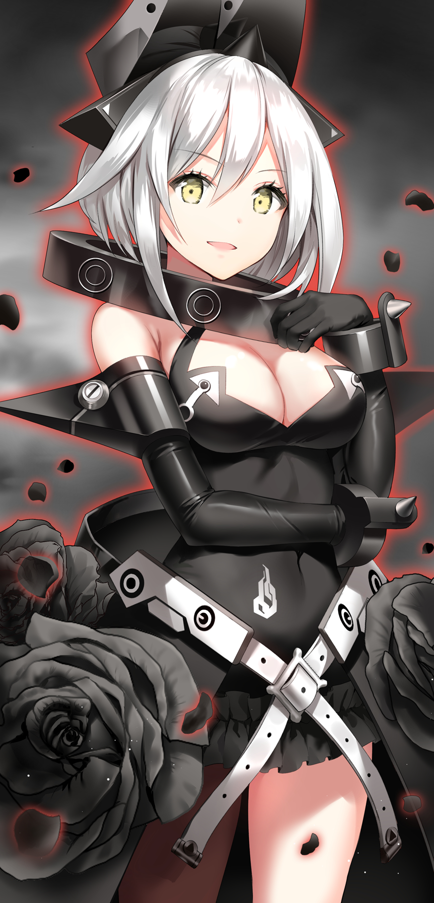 1girl, bangs, black_dress, black_gloves, breasts, collar, covered_navel, cowboy_shot