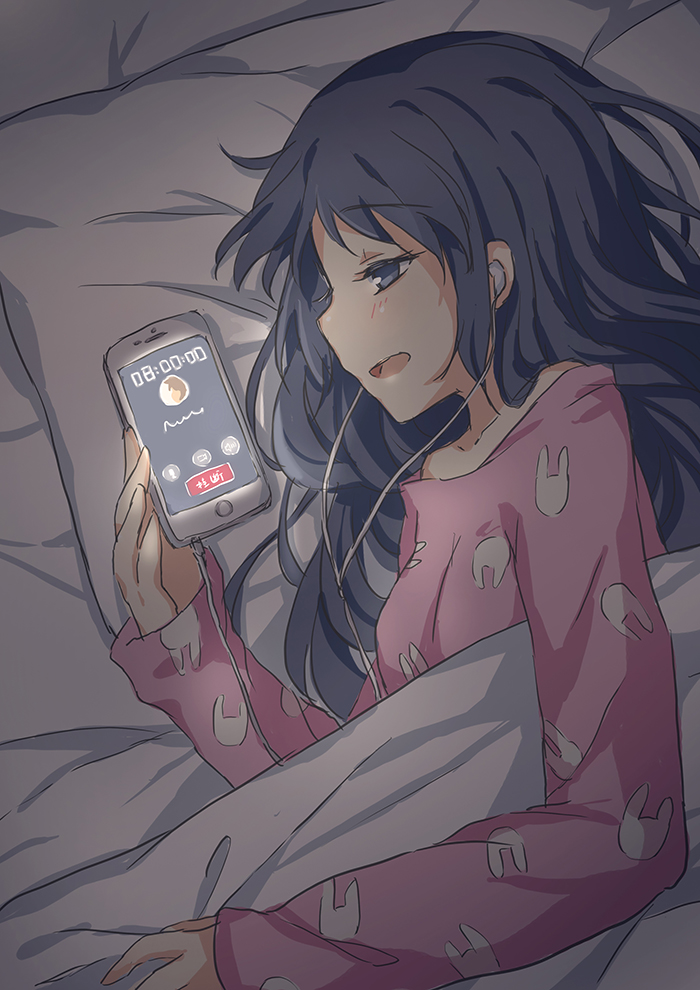 1girl, animal_print, bed_sheet, black_hair, blue_eyes, bunny_pajamas, bunny_print, cable, cellphone, commentary_request, dark_room, earphones, earphones, emia_wang, eyebrows_visible_through_hair, from_above, head_on_pillow, long_hair, long_sleeves, lying, on_side, open_eyes, open_mouth, original, phone, pillow, pink_pajamas, smartphone, solo, under_covers