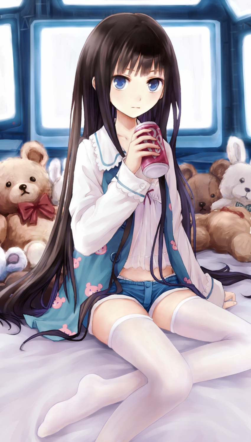 1girl, animal_print, blue_eyes, blue_shorts, blush, brown_hair, bunny_print, can
