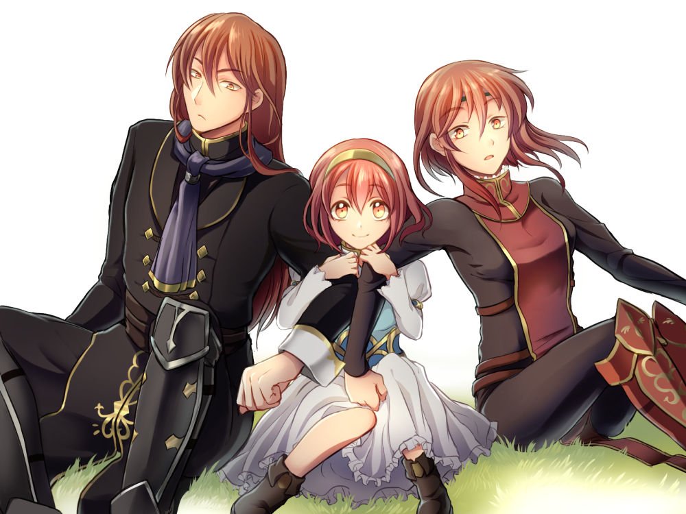 1boy, 2girls, armor, artist_request, blush, brother_and_sister, cape, field