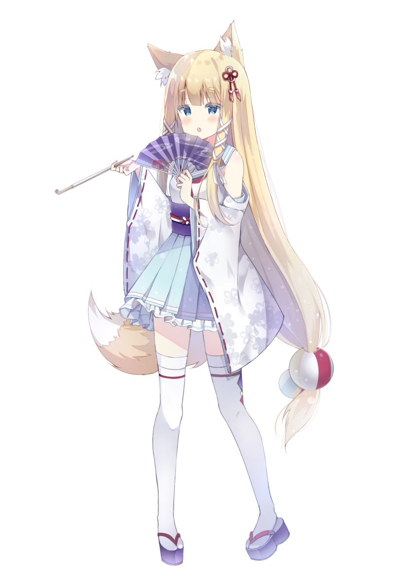 1girl, :o, absurdres, animal_ears, bangs, blonde_hair, blue_eyes, blush, eyebrows_visible_through_hair, fan, fang, floral_print, fox_ears, fox_girl, fox_tail, frilled_skirt, frills, full_body, hair_ornament, hair_ribbon, highres, holding, holding_fan, holding_pipe, japanese_clothes, kiseru, long_hair, long_sleeves, looking_at_viewer, obi, open_mouth, original, paper_fan, pipe, pleated_skirt, ribbon, ribbon-trimmed_sleeves, ribbon_trim, saeki_sora, sailor_collar, sash, simple_background, skirt, solo, standing, tail, teeth, thigh-highs, very_long_hair, white_background, white_legwear, white_ribbon, wide_sleeves, zouri