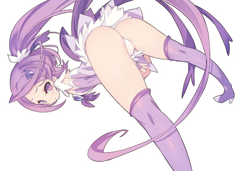 1girl, ass, bent_over, blade_(galaxist), blush, boots, bow, bowtie, covered_kneepits, crotch_seam, cure_sword, detached_sleeves, dokidoki!_precure, dress, dress_pull, dutch_angle, high_heel_boots, high_heels, kenzaki_makoto, kneepits, legs_apart, long_hair, looking_at_viewer, looking_back, panties, ponytail, precure, pulled_by_self, purple_dress, purple_hair, purple_neckwear, short_dress, simple_background, solo, sweatdrop, thigh-highs, thigh_boots, underwear, very_long_hair, violet_eyes, white_background, white_panties