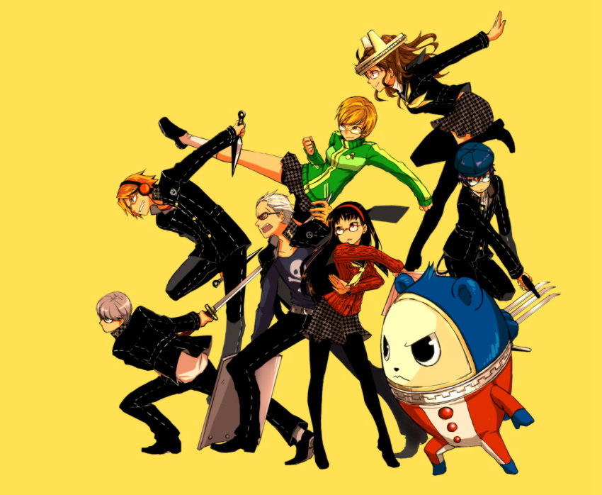 bad_id, group, hanamura_yousuke, kujikawa_rise, kuma_(persona_4), narukami_yuu, pantyhose, persona