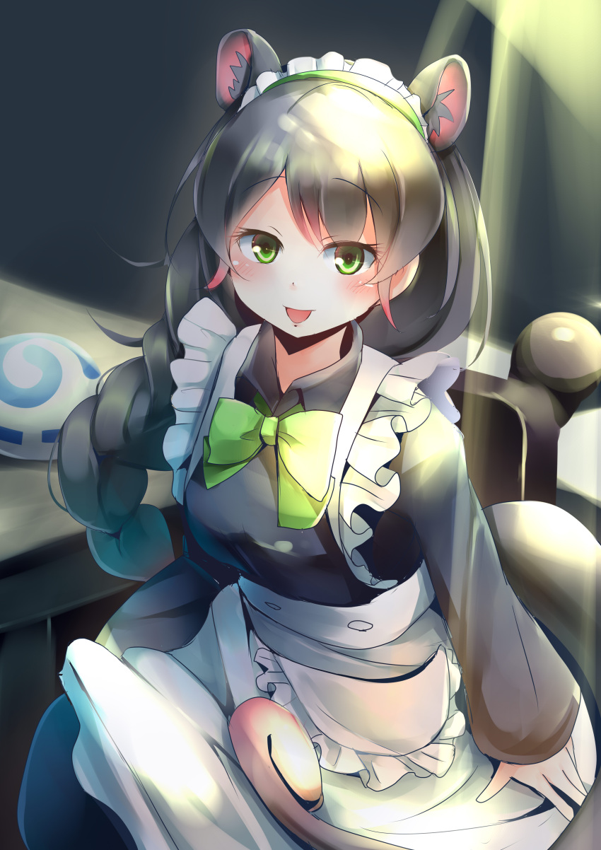 1girl, absurdres, animal_ears, apron, blush, bow, bowtie, braid