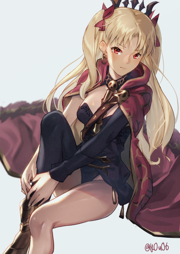 1girl, artist_name, bangs, black_legwear, blonde_hair, breasts, cape, closed_mouth