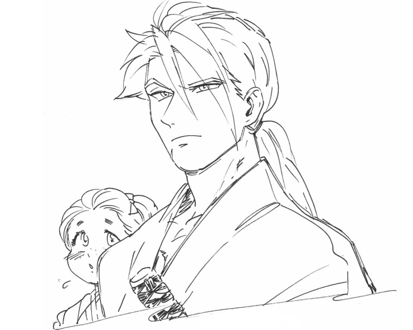 1boy, 1girl, alternate_costume, alternate_hair_length, alternate_hairstyle, blush, flying_sweatdrops, freckles