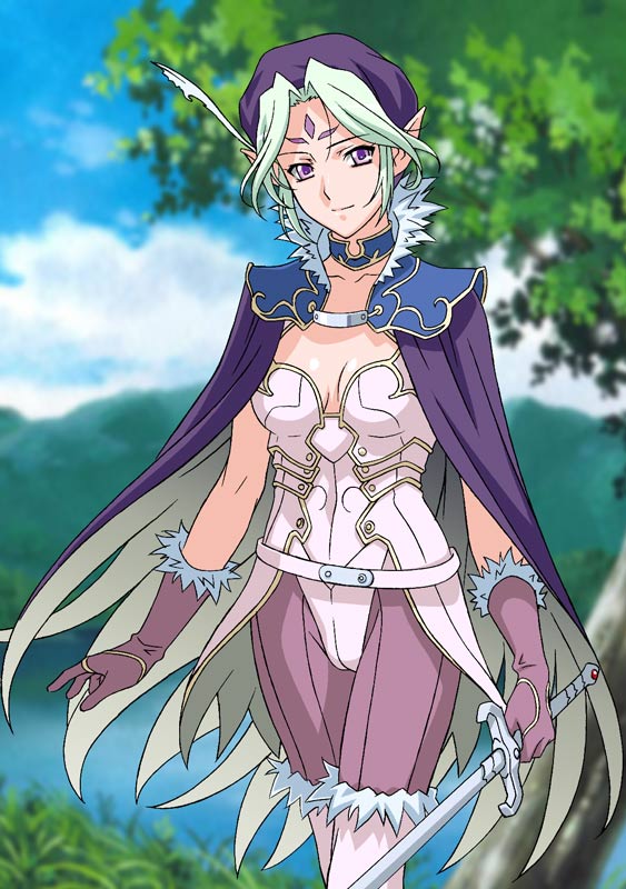 breasts, cape, choker, cleavage, elf, facial_mark, forehead_mark, gloves