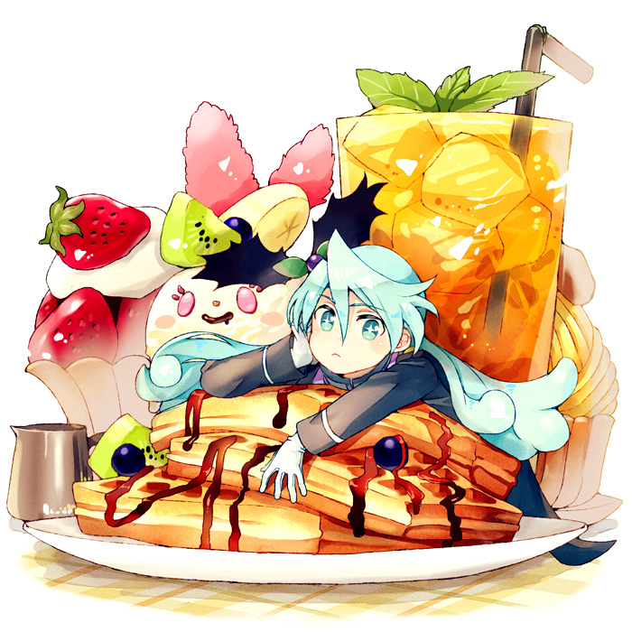 +_+, 1boy, banana_slice, blue_eyes, blue_hair, blueberry, drink, drinking_straw