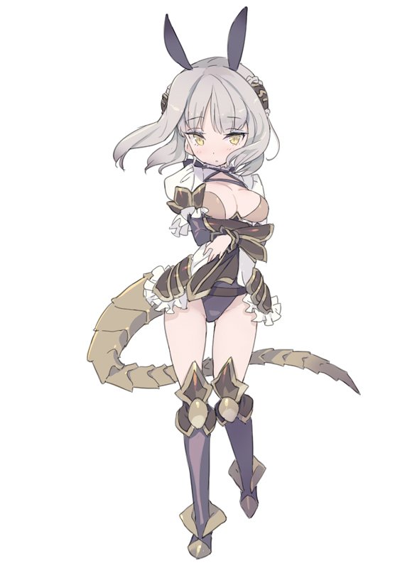 1girl, antennae, bangs, blade_(galaxist), blush, boots, breasts, cleavage