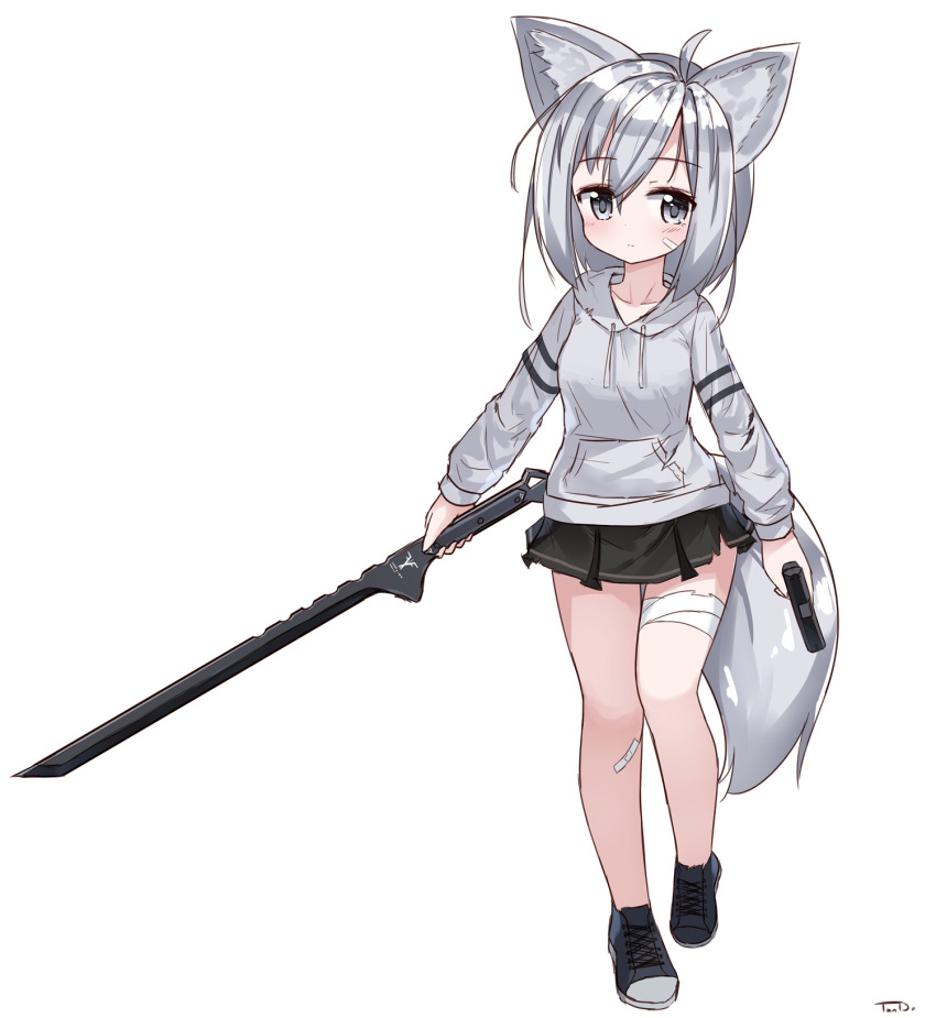 1girl, animal_ears, bandaid_on_leg, bangs, black_footwear, black_skirt, blush, closed_mouth
