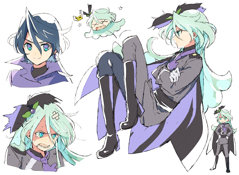 2boys, black_footwear, blue_eyes, blue_hair, boots, character_sheet, houhou_(black_lack), injury