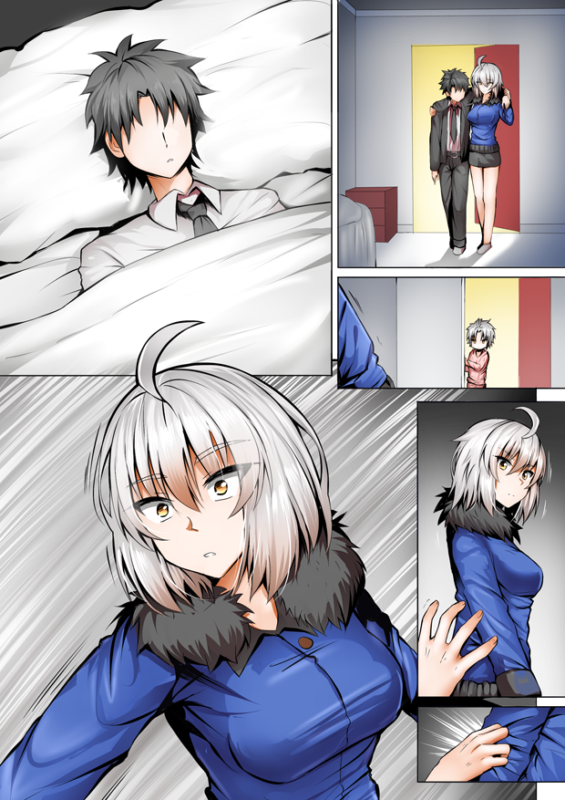 1girl, 2boys, ahoge, arm_grab, bangs, black_hair, black_skirt, blue_shirt, breasts, carrying, casual, comic, commentary, door, eyebrows_visible_through_hair, faceless, faceless_male, fate/grand_order, fate_(series), formal, fujimaru_ritsuka_(male), fur_trim, ginhaha, if_they_mated, indoors, jeanne_d'arc_(alter)_(fate), jeanne_d'arc_(fate)_(all), long_sleeves, medium_breasts, motion_lines, multiple_boys, open_door, peeking, shirt, short_hair, shoulder_support, silent_comic, silver_hair, skirt, surprised, under_covers, yellow_eyes