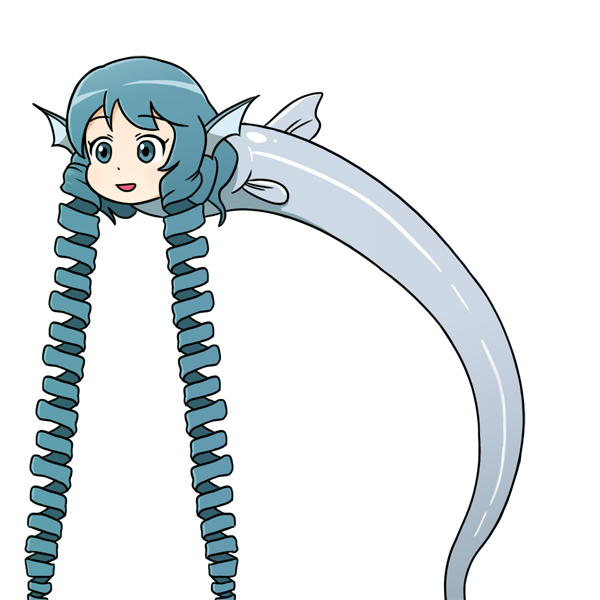 1girl, :d, absurdly_long_hair, animal_ears, blue_eyes, blue_hair, drill_hair, eyebrows_visible_through_hair, fish, head_fins, long_hair, open_mouth, simple_background, smile, solo, ssack, touhou, twin_drills, very_long_hair, wakasagihime, wakasagihime_(fish), what, white_background