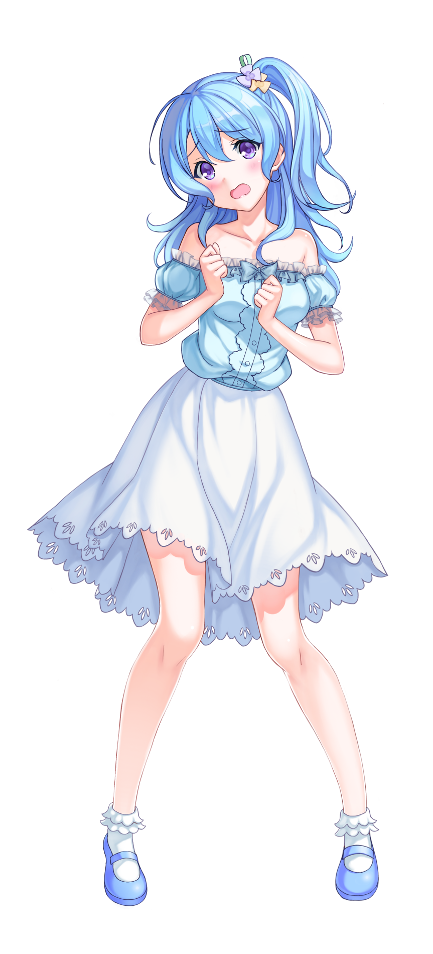 1girl, :o, bang_dream!, bang_dream!_girls_band_party!, bare_shoulders, blouse, blue_blouse, blue_footwear