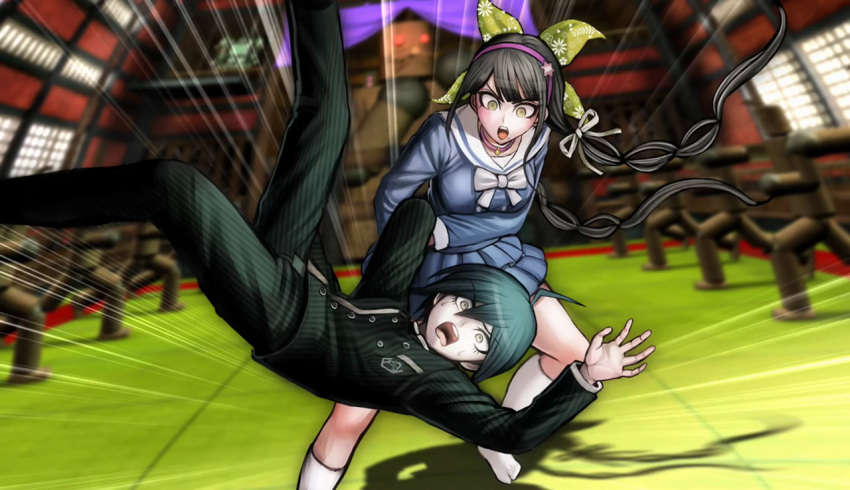 1boy, 1girl, ahoge, aikidou, black_hair, chabashira_tenko, dangan_ronpa, dojo, eyelashes, gakuran, game_cg, hair_ornament, hair_ribbon, holding, kneehighs, komatsuzaki_rui, layered_skirt, long_hair, miniskirt, new_dangan_ronpa_v3, official_art, open_mouth, pinstripe_pattern, pleated_skirt, ribbon, saihara_shuuichi, school_uniform, serafuku, shadow, skirt, striped, surprised, sweatdrop, throwing, twintails, white_legwear, wooden_figure, yellow_eyes