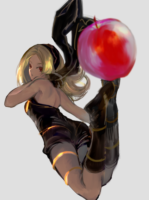 1girl, apple, ass, blonde_hair, breasts, dark_skin, food, fruit