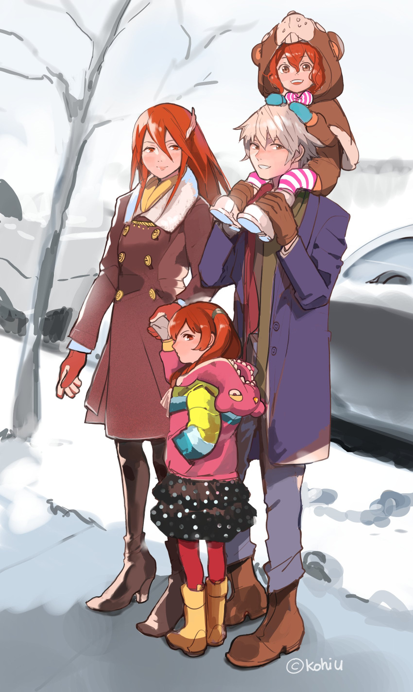 1boy, 3girls, absurdres, armor, blush, carrying, father_and_daughter, fire_emblem, fire_emblem:_kakusei, gloves, highres, hood, husband_and_wife, jacket, kohiu, long_hair, male_my_unit_(fire_emblem:_kakusei), mark_(fire_emblem), mother_and_daughter, multiple_girls, my_unit_(fire_emblem:_kakusei), open_mouth, pantyhose, red_eyes, redhead, selena_(fire_emblem), short_hair, smile, snow, cordelia_(fire_emblem), twintails, white_hair, winter_clothes, younger