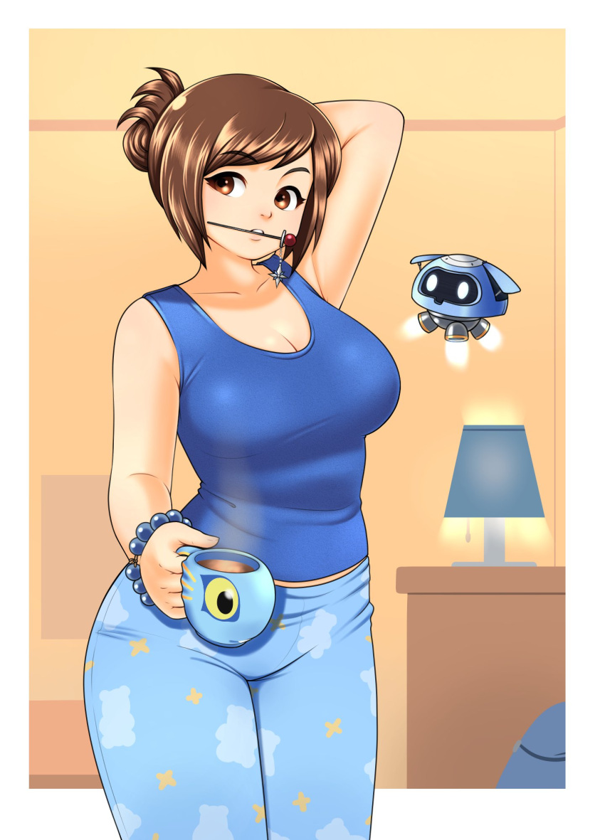 1girl, arm_behind_head, arm_up, bangs, blue_pants, blue_shirt, border, bracelet