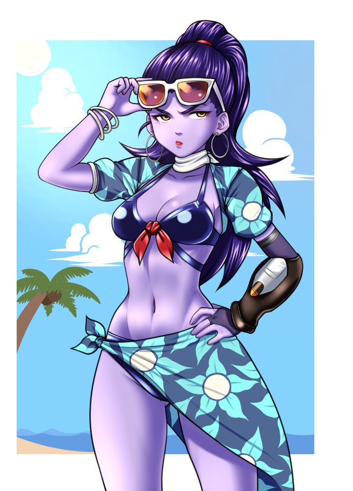 1girl, adjusting_eyewear, bangle, beach, bikini, border, bracelet, breasts