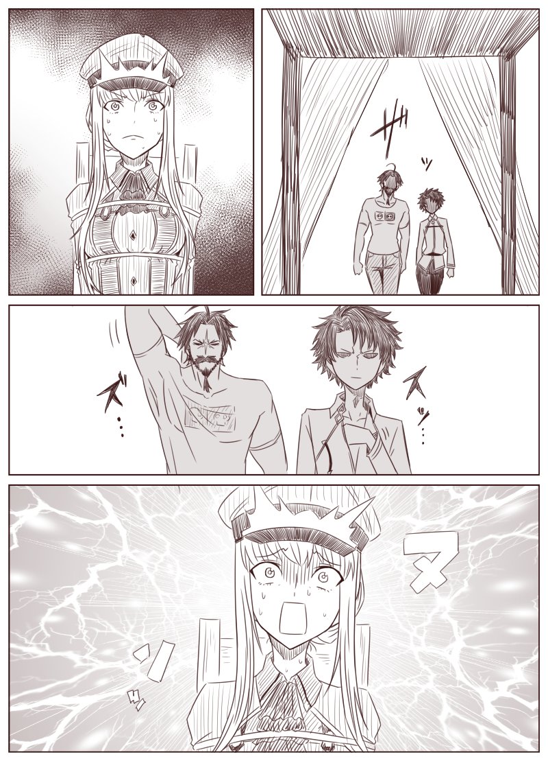 1girl, 2boys, alluring_chief_warden_look, artist_request, beard, bound, breasts, comic